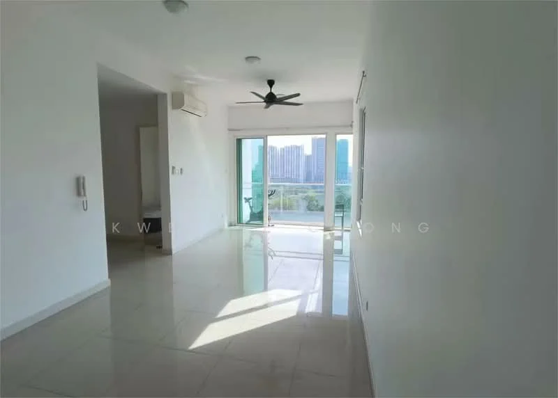 Living features: white painted walls, polished ceramic tile flooring, 5-blade ceiling fan with light, floor-to-ceiling windows, sliding glass door, natural light from windows, air conditioning unit, view of city skyline; style: modern; view: city.
