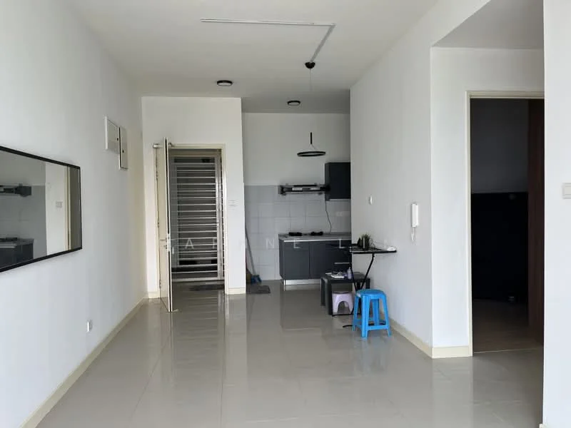 Room features: white painted walls, glossy tile flooring, recessed downlights, open kitchen area, kitchen cabinets, stainless-steel sink, kitchen countertop, door leading to another room, sliding glass door, mirror on wall, blue stool; style: modern.