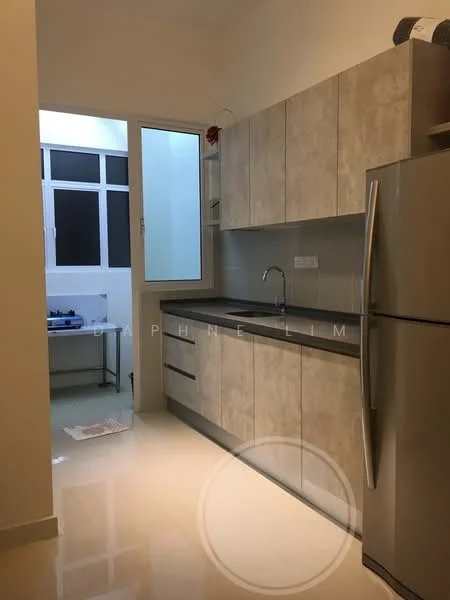 Kitchen features: grey laminate cabinetry, stainless-steel fridge, single-bowl stainless-steel sink, chrome pull-down faucet, grey countertop, white tiled backsplash, wall-mounted cabinets, floor-to-ceiling windows, polished tile flooring, under-cabinet lighting; style: modern.