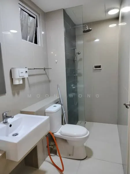 Bathroom features: single-sink vanity with wall-mounted cabinet, chrome basin mixer faucet, white toilet, walk-in shower with glass enclosure, rain shower head, wall-mounted shower controls, grey tiled walls, light grey floor tiles, recessed downlights, window with sheer curtain; style: modern.
