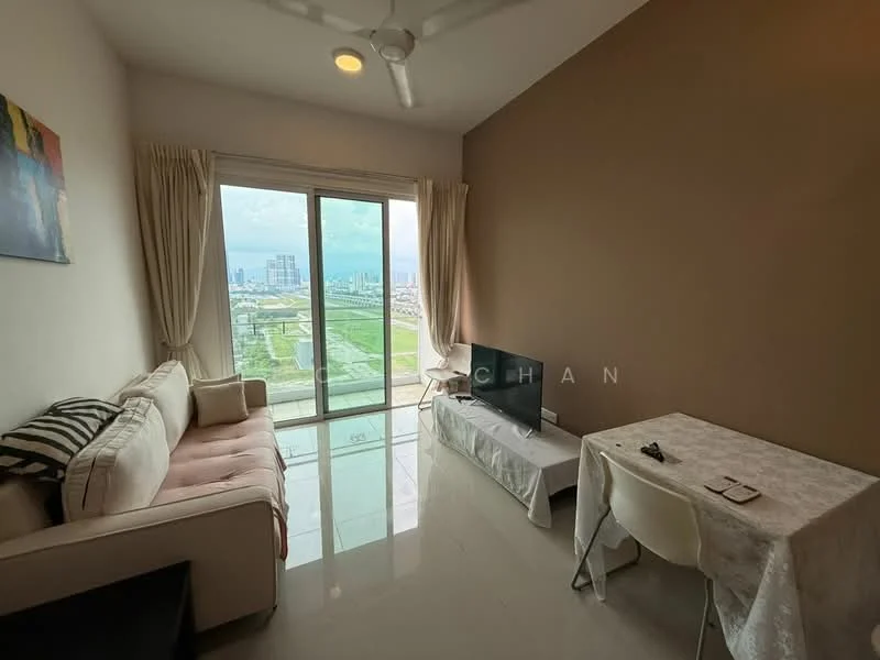 Living features: 3-seater fabric sofa in light beige, floor-to-ceiling windows, white sheer curtains, white marble tile flooring, wall-mounted TV, TV console covered with white cloth, small dining table with white tablecloth, ceiling fan with light, decorative painting on wall, neutral painted walls; style: modern; view: city.
