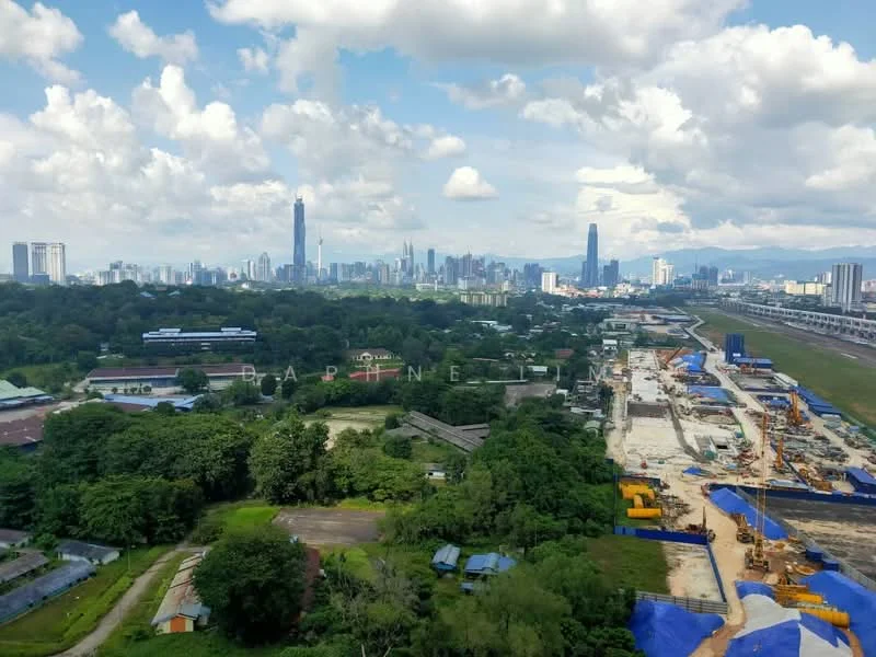 Exterior features: city skyline in background, construction site visible, greenery in foreground, open land, cloudy sky, urban landscape; style: modern.