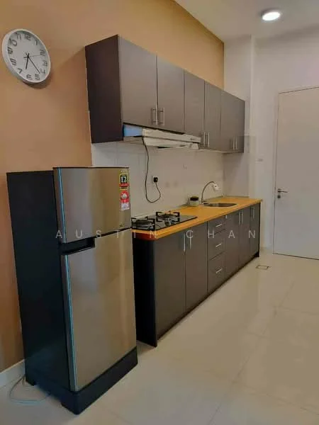 Kitchen features: stainless-steel fridge, built-in oven, 4-burner gas hob, single-bowl stainless-steel sink, chrome pull-down faucet, wood countertop, dark wood cabinetry, white tiled backsplash, recessed downlights, cream painted walls, glossy tile flooring; style: modern.