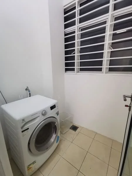 Laundry features: front-load washing machine, white appliance, tiled flooring, window with horizontal slats, drainage outlet, white painted walls, clear glass door.