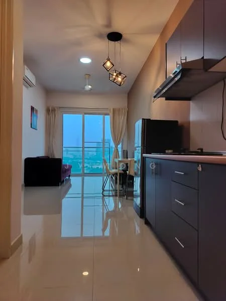 Kitchen features: black cabinetry, stainless-steel fridge, stainless-steel sink, chrome pull-down faucet, ceramic tile flooring, recessed downlights, 5-blade ceiling fan, open-plan layout, dining table with chairs, floor-to-ceiling windows, curtains, view of city skyline; style: modern; view: city. Living features: purple sofa, coffee table, wall-mounted TV, area rug, floor-to-ceiling windows, curtains; style: modern; view: city.