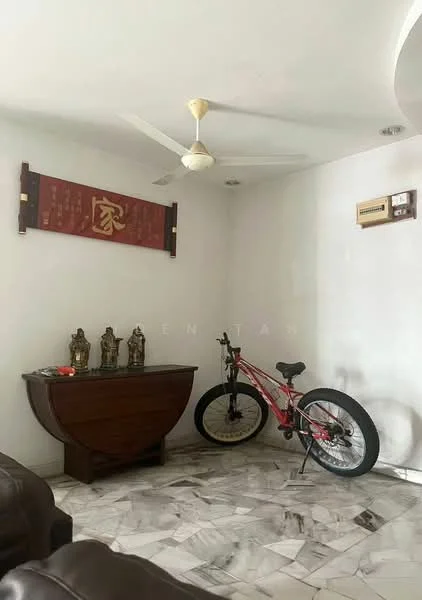 Room features: white painted walls, marble flooring, ceiling fan, decorative wall hanging, wooden console table, bicycle, statues, corner space; style: modern.