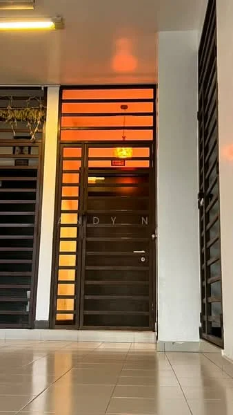 Room features: glass door with horizontal slats, dark wood door, tile flooring, orange ambient lighting, white walls, metal railing, interior corridor, ceiling light fixture; style: modern.