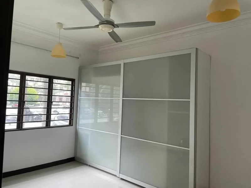 Room features: white painted walls, polished tile flooring, ceiling fan, two pendant lights, large sliding wardrobe with glass doors, window with multiple panes, view of exterior, black window frame; style: modern.