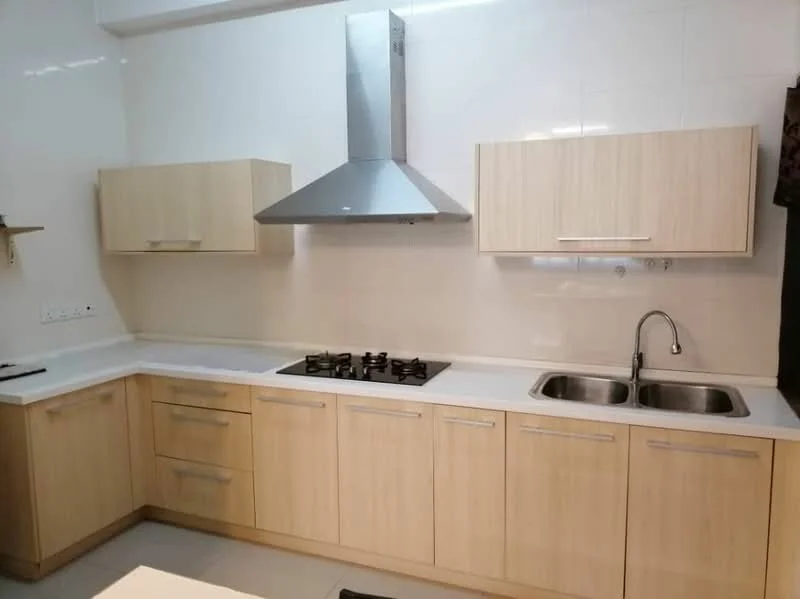 Kitchen features: light wood cabinetry, white countertop, stainless-steel double-bowl sink, chrome pull-down faucet, 5-burner gas hob, stainless-steel range hood, white tiled walls, grey floor tiles; style: modern.