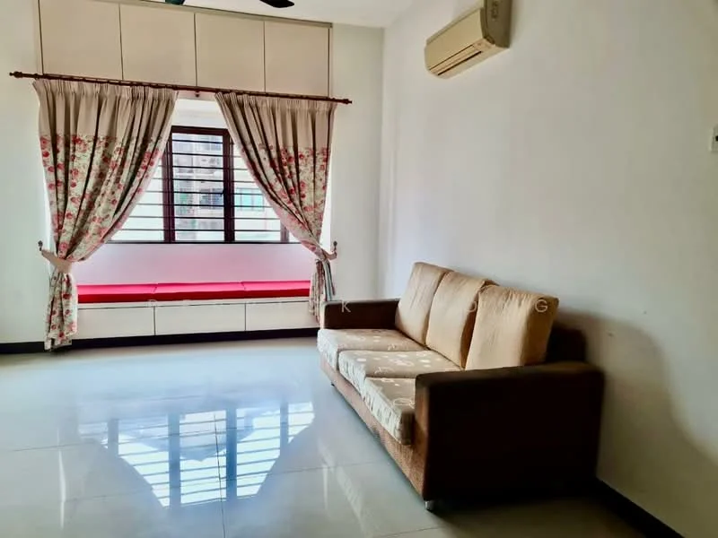 Living features: 3-seater fabric sofa in beige, window with black grille, sheer curtains with floral pattern, built-in window seat with red cushion, white painted walls, glossy tile flooring, 1 wall-mounted split AC, ceiling fan, decorative wall paneling, natural light from window; style: modern.