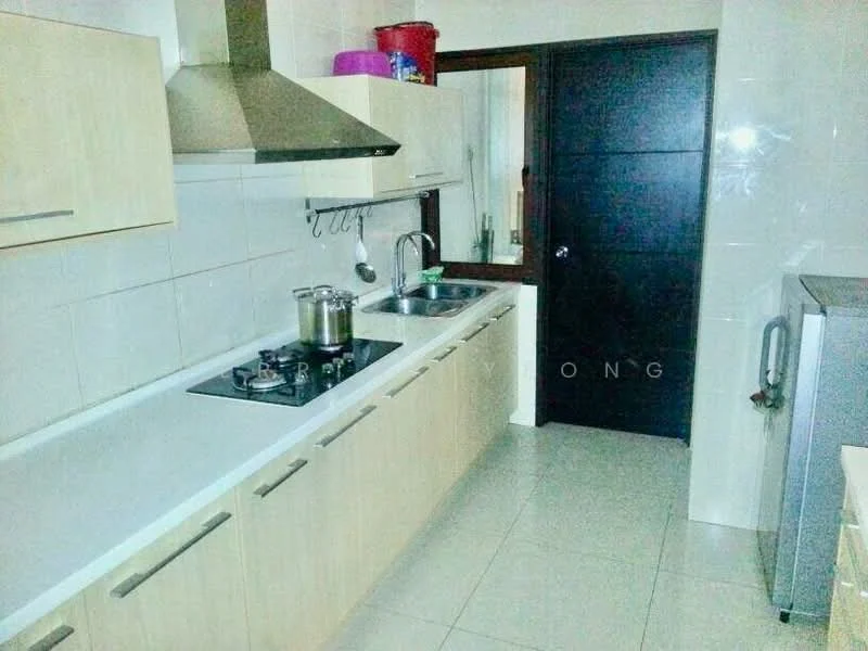 Kitchen features: light wood cabinetry, white countertop, stainless-steel sink, chrome pull-down faucet, 4-burner gas hob, stainless-steel range hood, ceramic tile flooring, white tiled walls, dark wooden door, glass window, kitchen utensils hanging, two pots on the countertop; style: modern.