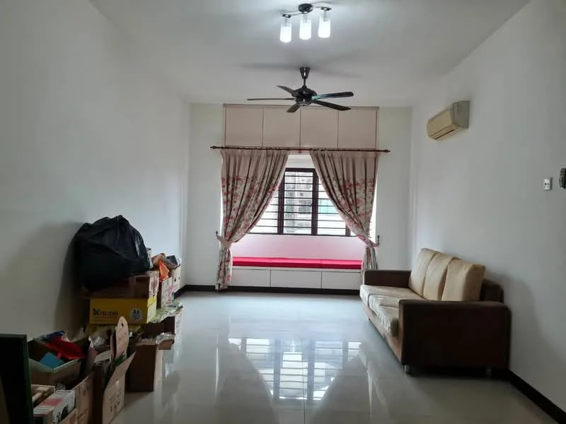 Living features: white painted walls, glossy tile flooring, 5-blade ceiling fan with light, window with sheer curtains, red cushion window seat, sofa in beige, air conditioning unit on wall, decorative curtains with floral pattern, boxes and items on the floor; style: modern.