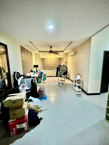 Room features: white painted walls, polished tile flooring, 5-blade ceiling fan with light, floor-to-ceiling windows, blackout curtains, air conditioning unit, various boxes and bags, clothing rack, white shelving unit, dark wood mirror, light fixture in ceiling; style: modern.