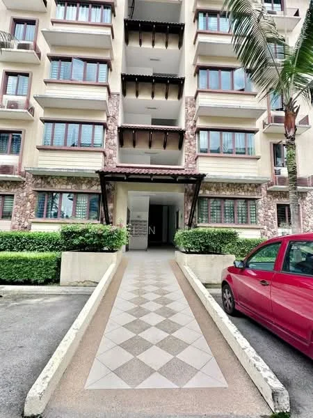 Exterior type: low-rise apartment block; features: stone cladding on facade, white painted facade, recessed balconies, paved walkway with geometric pattern, landscaped garden with hedges, palm trees, multiple storeys, main entrance with awning; style: modern.