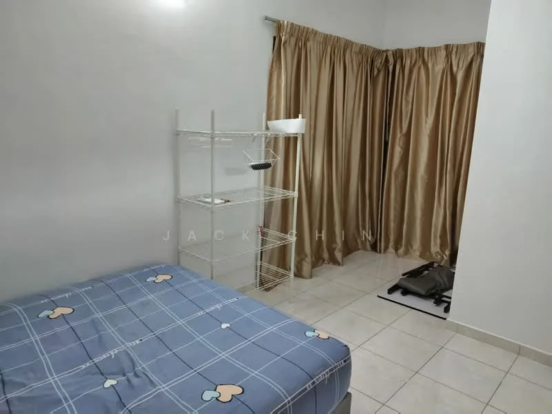 Bedroom features: single bed with blue bedding, cream painted walls, tiled flooring, curtains in beige, wire shelving unit, floor space with minimal decor; style: minimalist.