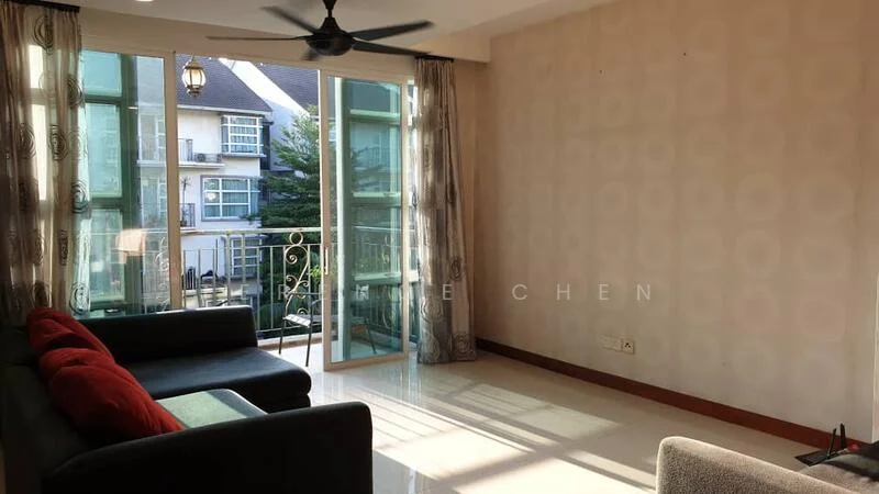 Living features: 2-seater fabric sofa in grey, 3-seater fabric sofa in black, red accent cushions, floor-to-ceiling windows, sliding glass door, cream painted walls, polished tile flooring, ceiling fan, curtains, balcony view; style: modern; view: garden.