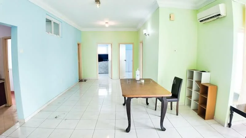 Room features: light green painted walls, light blue painted walls, white tiled flooring, ceiling light fixture, wall-mounted air conditioning unit, dining table with four black chairs, open space layout, doorway leading to another room, window with no treatment, built-in shelving unit; style: modern.