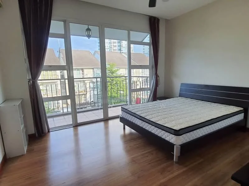 Bedroom features: wooden flooring, large sliding glass door, balcony access, queen-size bed frame, mattress, ceiling fan, curtains, built-in wardrobe, wall-mounted light fixture; style: modern; view: garden.