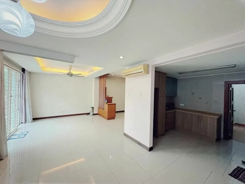 Living features: white painted walls, glossy tile flooring, tray ceiling with recessed lighting, 5-blade ceiling fan, floor-to-ceiling sliding glass door, curtains, air conditioning unit, open layout to kitchen, natural light from windows; style: modern; view: garden. Kitchen features: wood cabinetry, grey tiled backsplash, stainless-steel sink, built-in kitchen appliances, countertop space, open layout to living area; style: modern.