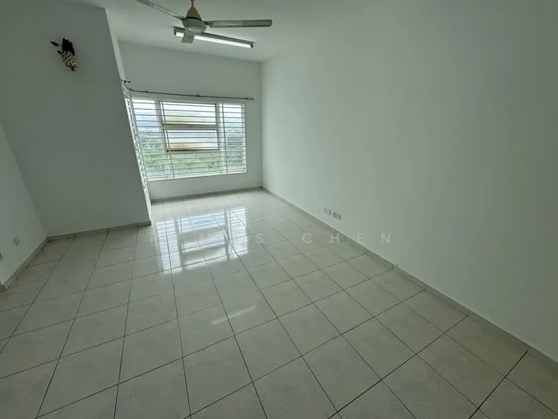 Room features: white painted walls, glossy ceramic tile flooring, ceiling fan, large windows with horizontal blinds, natural light from windows, neutral color scheme, no visible furniture, open space layout; style: minimalist; view: garden.