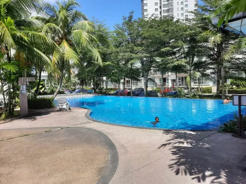 Exterior type: swimming pool deck; features: infinity pool, surrounded by palm trees, landscaped garden, pool deck with loungers, concrete pathway, clear blue water, sunny weather, residential buildings in background; style: tropical-modern.