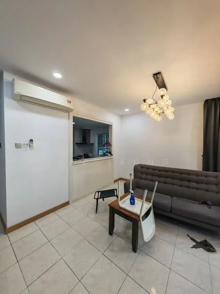 Living features: grey fabric sofa, wood coffee table, white walls, recessed downlights, chandelier with multiple bulbs, tile flooring, air conditioning unit, curtains, open kitchen view; style: modern.