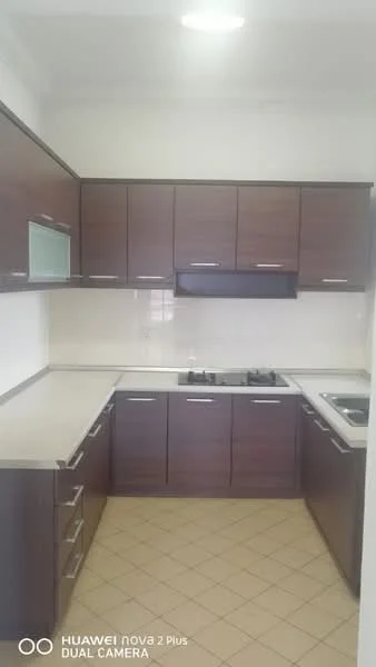 Kitchen features: brown wooden cabinetry, white countertop, stainless-steel gas hob, built-in oven, double-bowl stainless-steel sink, tile backsplash, cream tiled walls, cream tiled flooring, recessed ceiling lights; style: modern.