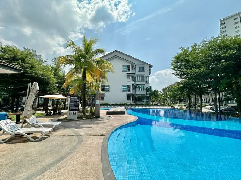 Exterior type: low-rise apartment block; features: swimming pool with curved edge, pool deck with loungers, palm trees, manicured landscaping, outdoor seating area with umbrellas, surrounding greenery, white painted facade, multiple storeys, clear blue sky; style: modern.