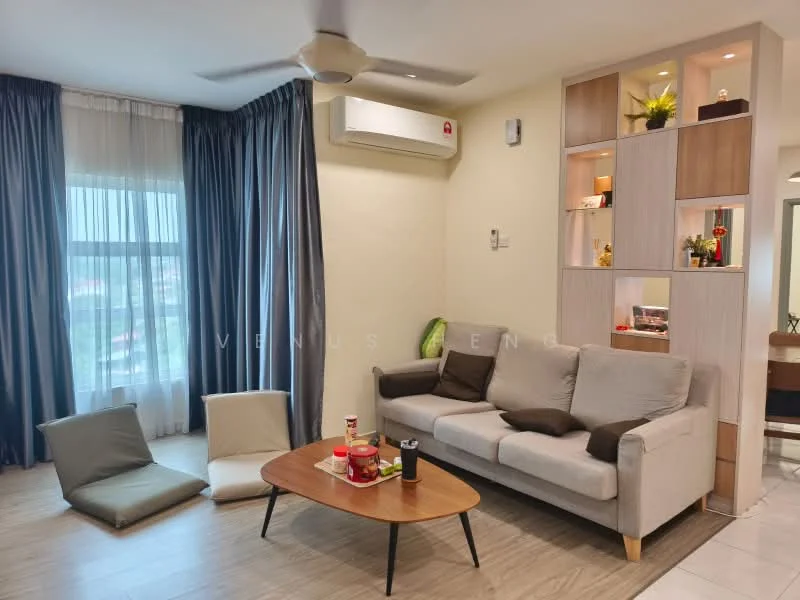Living features: 3-seater fabric sofa in light grey, wooden coffee table, floor-to-ceiling windows with sheer curtains, light grey wall with built-in shelving, decorative plants on shelves, 1 ceiling fan, laminate flooring, 2 floor cushions, air conditioning unit mounted on wall, wall-mounted light fixture; style: modern; view: city.