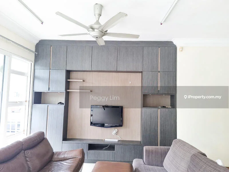 Living features: ceiling fan, wall-mounted TV, dark wood cabinetry, light wood paneling, two-seater fabric sofa in grey, three-seater leather sofa in brown, white walls, natural light from windows; style: modern.