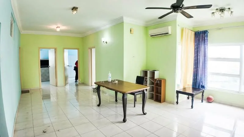 Living features: light green painted walls, white ceiling, polished ceramic tile flooring, 5-blade ceiling fan, wall-mounted split AC, large window with sheer curtains, dining table with four chairs, bookshelf, decorative wall light, two doorways leading to other rooms; style: modern; view: city.