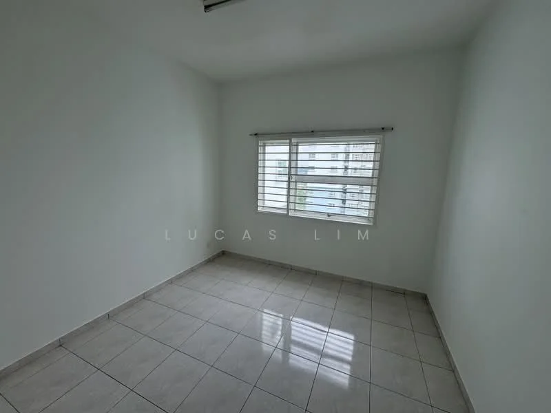 Room features: white painted walls, tile flooring, horizontal blinds on window, single window, natural light from window.