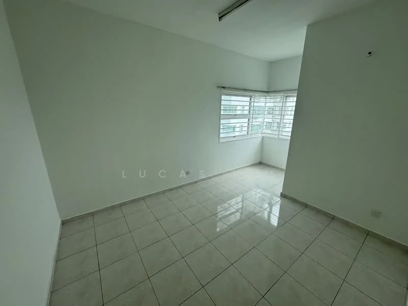 Room features: white painted walls, glossy ceramic tile flooring, window with horizontal blinds, single light fixture on ceiling, corner room with natural light, no visible furniture, neutral color scheme, clean and minimalistic design; style: minimalist; view: city.