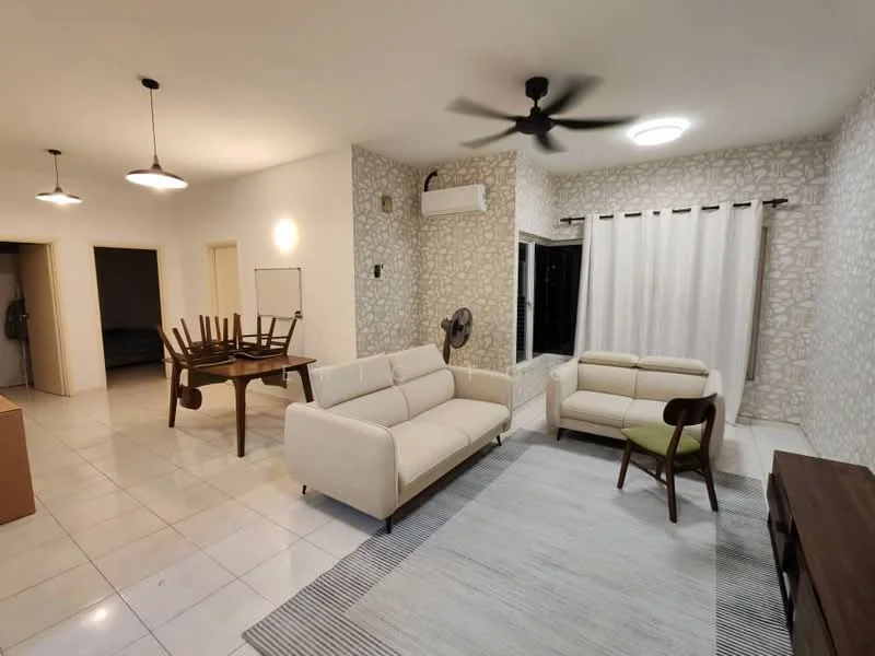 Living features: white walls, textured accent wall, marble tile flooring, 5-blade ceiling fan, recessed ceiling lights, sofa in cream fabric, 2-seater sofa, wooden coffee table, area rug with stripes, floor-to-ceiling window, sheer curtains, wall-mounted air conditioning unit, dining table with four chairs, decorative fan; style: modern. Room features: white walls, marble tile flooring.