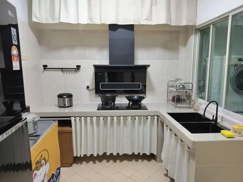 Kitchen features: black single-bowl sink, chrome pull-down faucet, white cabinetry with curtain, white tiled backsplash, black built-in stove, black range hood, stainless-steel rice cooker, stainless-steel pot, two cooking pans, countertop with beige surface, kitchen wall with window, tile flooring in beige; style: modern.