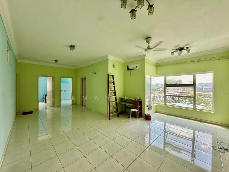 Living features: light green painted walls, white tiled flooring, tray ceiling with recessed lighting, 5-blade ceiling fan, large floor-to-ceiling window with city view, air conditioning unit, wooden ladder, small dining table with chairs, red storage box; style: modern; view: city.