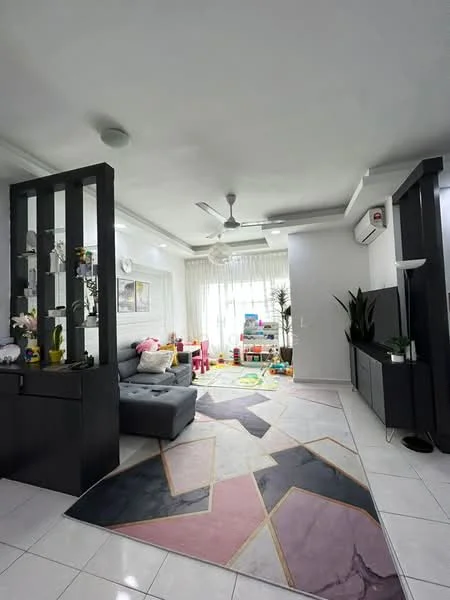 Living features: grey fabric sectional sofa, area rug with geometric pattern, ceiling fan with light, wall-mounted TV, black TV console, white walls, large window with sheer curtains, decorative plants, shelves with decorative items, tile flooring; style: modern.