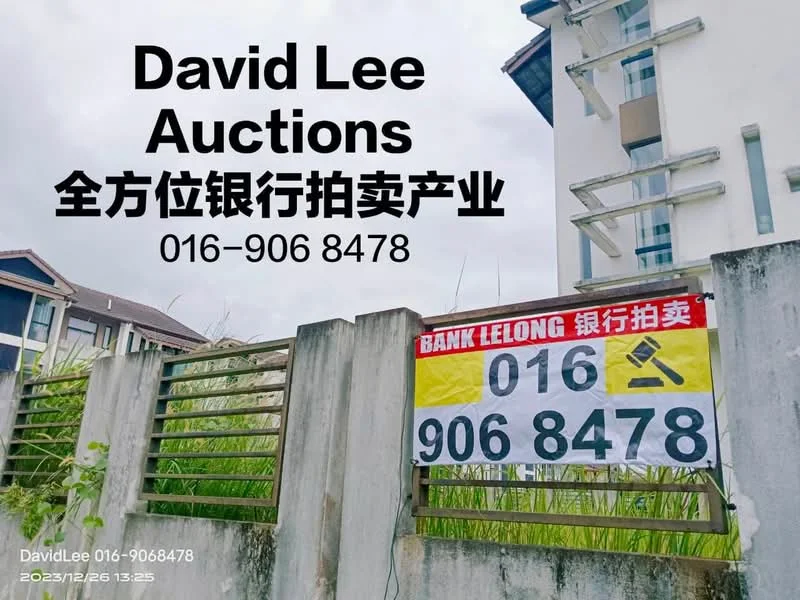 Exterior features: for sale sign, white painted wall, two-storey building, residential area, fence, surrounding greenery.