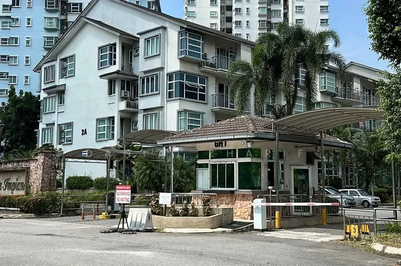 Exterior type: low-rise apartment block; features: white painted facade, glass windows, covered entrance with awning, landscaped garden with palm trees, security guardhouse, gated entry, parking area, signage at entrance; style: modern.