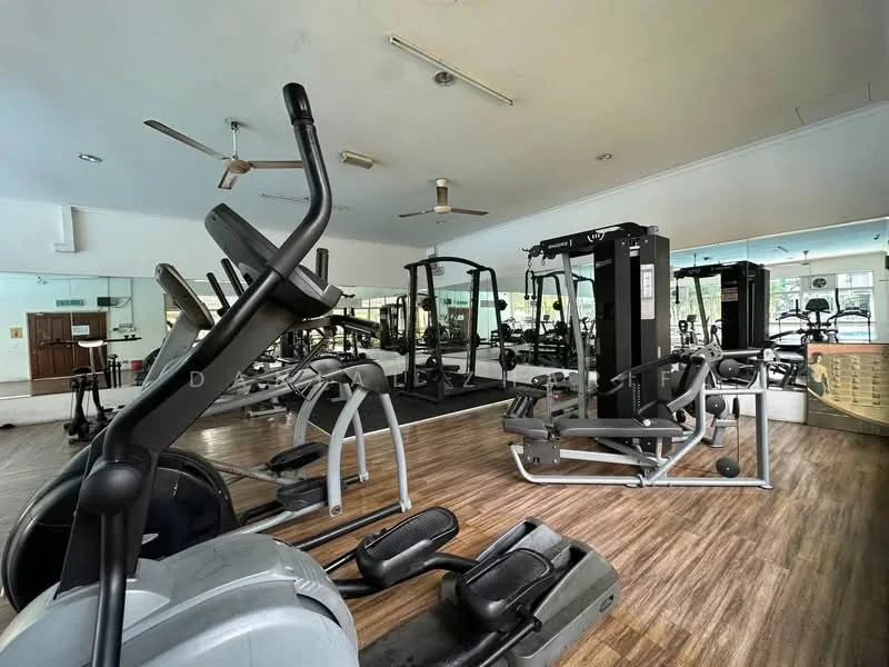 Gym features: elliptical machine, weight training machine, multi-gym station, exercise mats, wood laminate flooring, ceiling fans, mirrored wall, free weights, treadmill, exercise bike; style: modern.