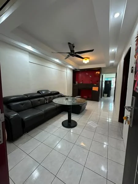 Living features: black leather sectional sofa, round glass coffee table, white tiled flooring, recessed ceiling lights, 5-blade ceiling fan, wall-mounted TV, open kitchen area in background, red accent wall; style: modern.
