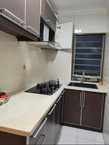 Kitchen features: brown cabinetry, white countertop, stainless-steel sink, chrome pull-down faucet, 4-burner gas hob, built-in range hood, ceramic tile flooring, window with horizontal blinds, wall-mounted cabinets, kitchen utensils on countertop; style: modern.