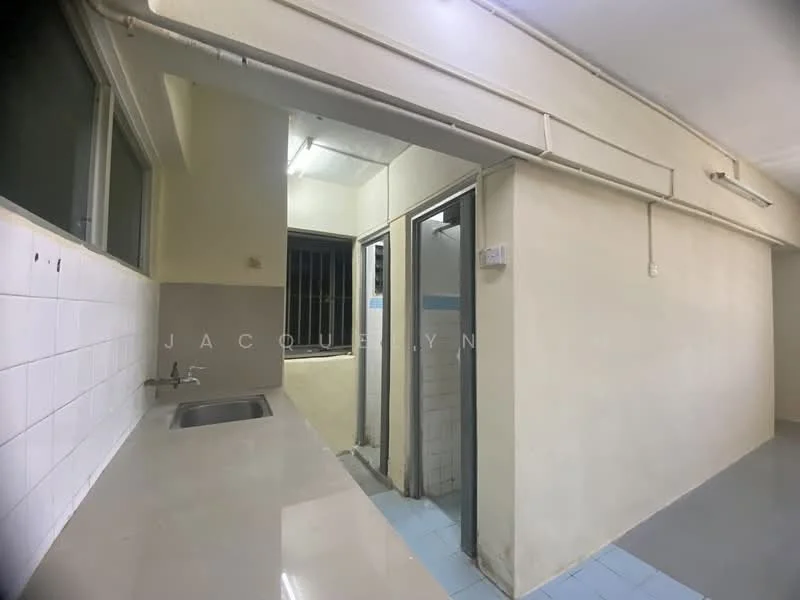 Room features: single-bowl stainless-steel sink, grey laminate countertop, white tiled backsplash, white painted walls, blue tiled flooring, window with metal bars, doorway leading to bathroom, doorway leading to another room; style: minimalist.