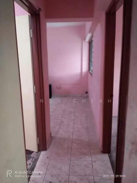 Room features: pink painted walls, tile flooring, doorway leading to another room, window with natural light, light source from window, hallway layout.