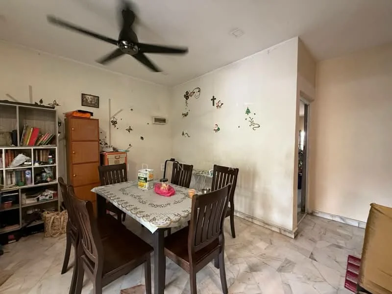 Dining features: 4-seater wooden dining table, wooden dining chairs, ceiling fan, marble flooring, cream painted walls, decorative wall stickers, open shelving unit, air conditioning unit. Room features: light-colored walls, doorway leading to another room.