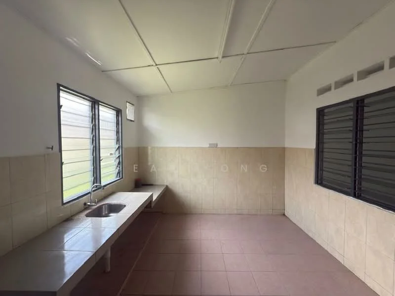 Room features: white painted walls, cream tiled walls, grey tiled flooring, single-bowl stainless-steel sink, window with horizontal slats, natural light from windows, countertop with built-in bench, ceiling with exposed beams; view: garden.