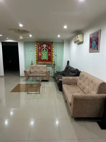 Living features: 2 beige fabric sofas, glass coffee table, white painted walls, polished tile flooring, 1 wall-mounted split AC, recessed ceiling lights, decorative wall art, floor lamp, TV console, dark-colored accent chair; style: modern.