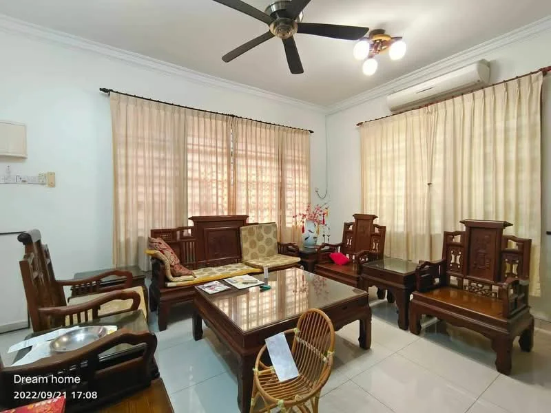 Living features: white painted walls, glossy tile flooring, 5-blade ceiling fan with light, recessed downlights, large windows with sheer curtains, wooden coffee table, wooden armchairs, wooden sofa set, decorative wall art, potted plant, magazine on coffee table, air conditioning unit; style: traditional.