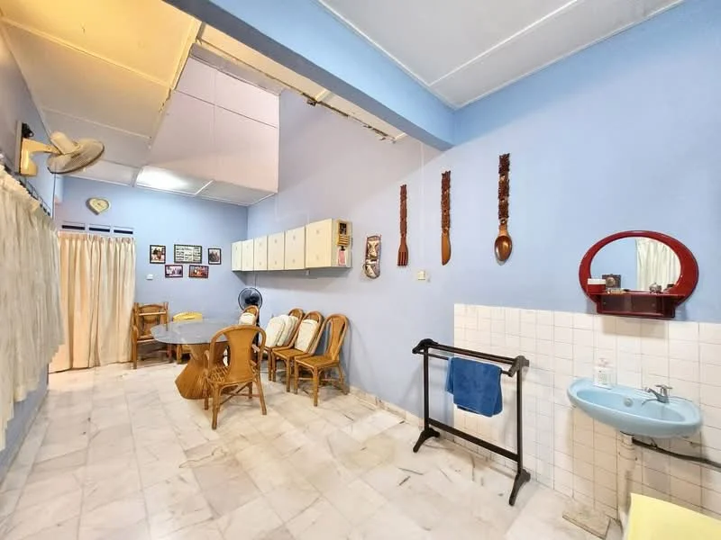 Dining features: blue painted walls, marble flooring, dining table with 6 rattan chairs, wooden sideboard, wall-mounted mirror, sink with faucet, wall-mounted towel rack, ceiling fan, curtains, decorative wall hangings; style: traditional.