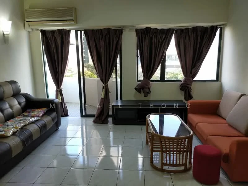 Living features: 3-seater leather sofa in black, 2-seater fabric sofa in orange, coffee table, floor-to-ceiling windows, sheer curtains, dark curtains, wall-mounted split AC, ceramic tile flooring, decorative throw pillows, wooden accent chair, red ottoman; style: modern; view: city.